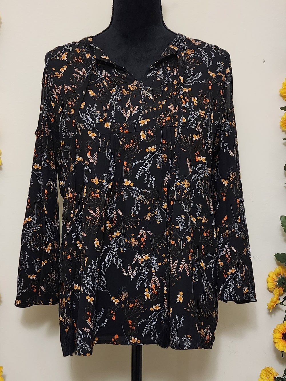 Philosophy Black Blouse with Yellow Floral Print